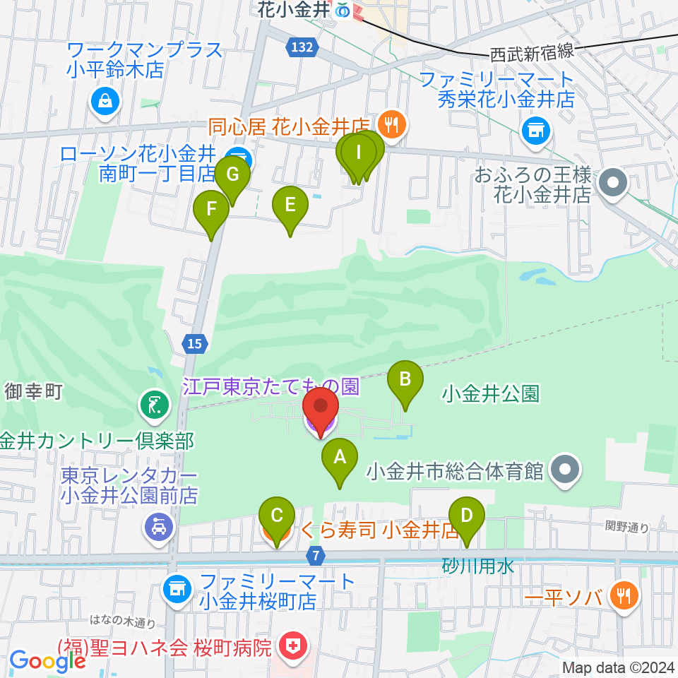 江戸東京たてもの園周辺のファミレス・ファーストフード一覧地図