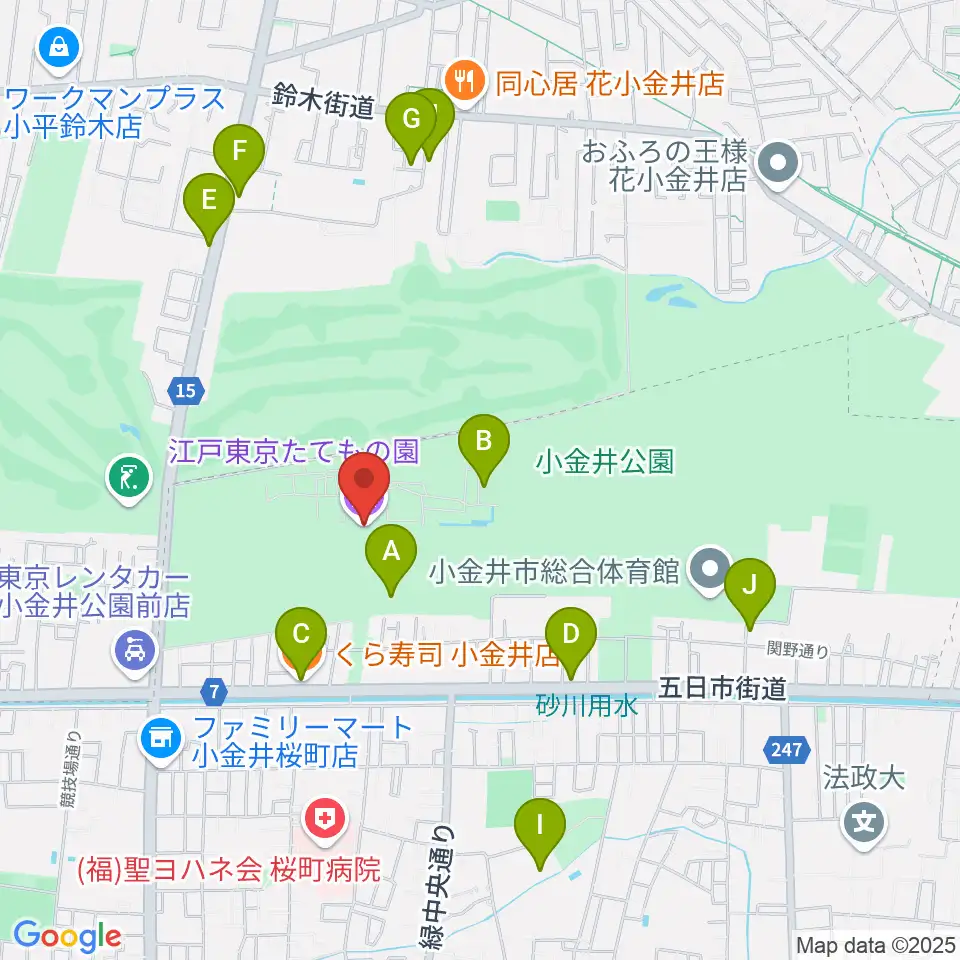江戸東京たてもの園周辺のファミレス・ファーストフード一覧地図