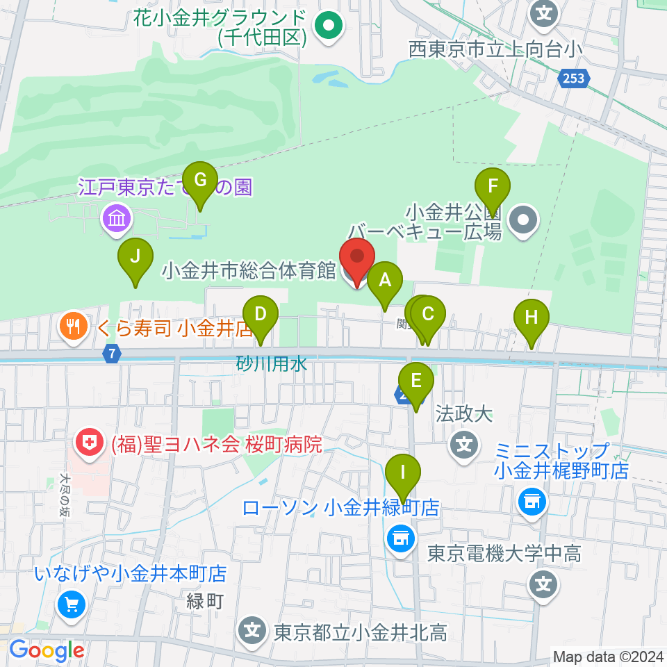 小金井市総合体育館周辺のファミレス・ファーストフード一覧地図