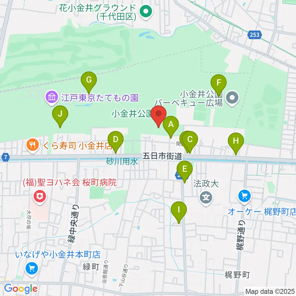 小金井市総合体育館周辺のファミレス・ファーストフード一覧地図
