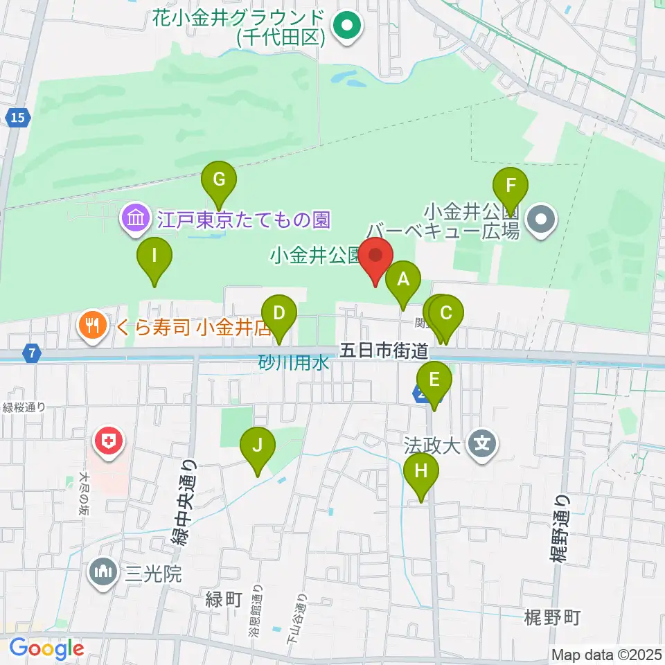 小金井市総合体育館周辺のファミレス・ファーストフード一覧地図