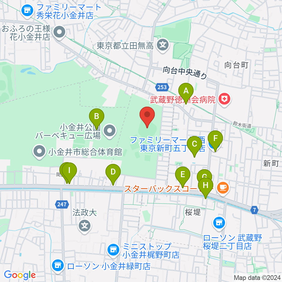 小金井公園野球場周辺のファミレス・ファーストフード一覧地図