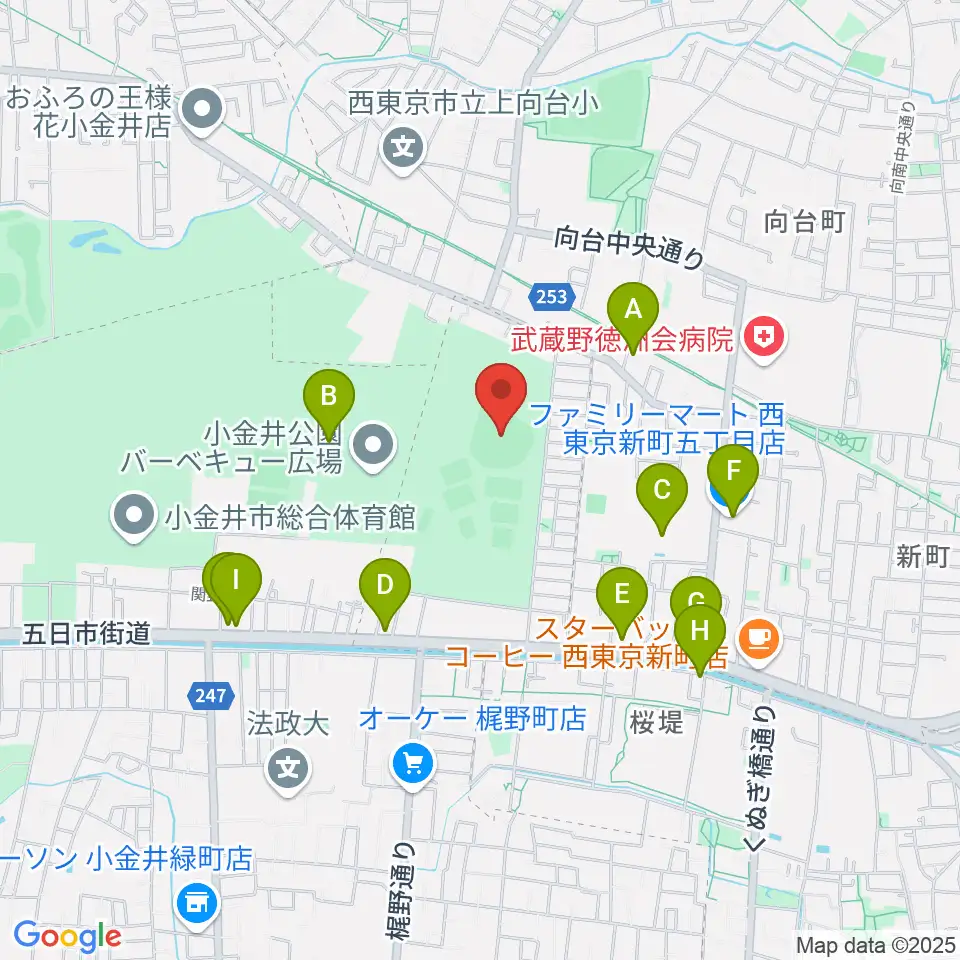 小金井公園野球場周辺のファミレス・ファーストフード一覧地図