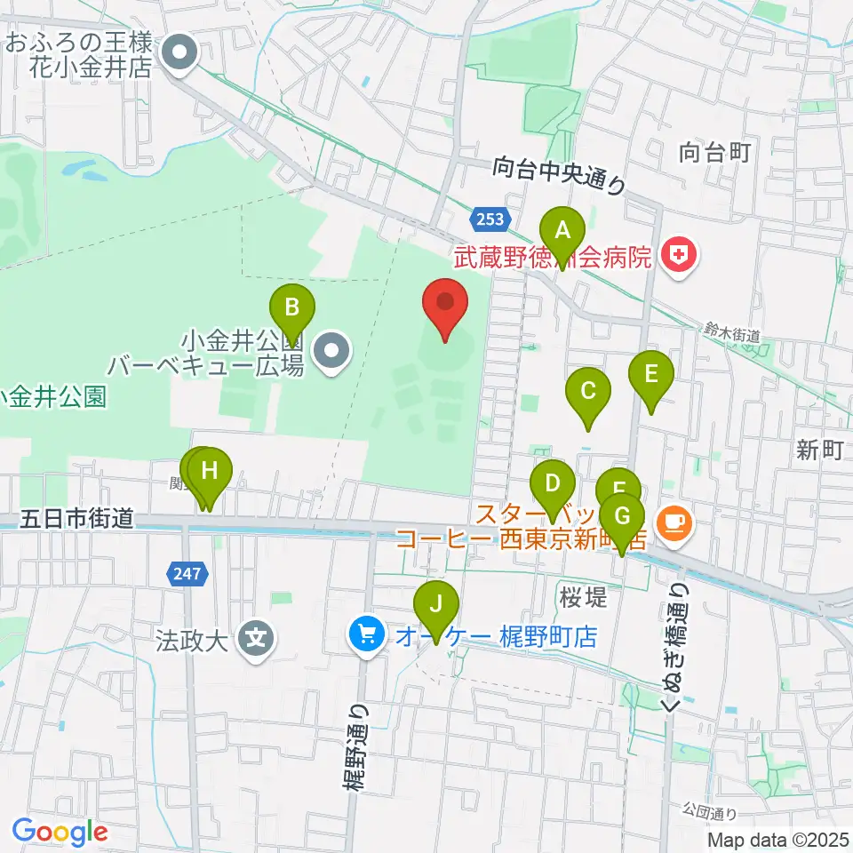 小金井公園野球場周辺のファミレス・ファーストフード一覧地図