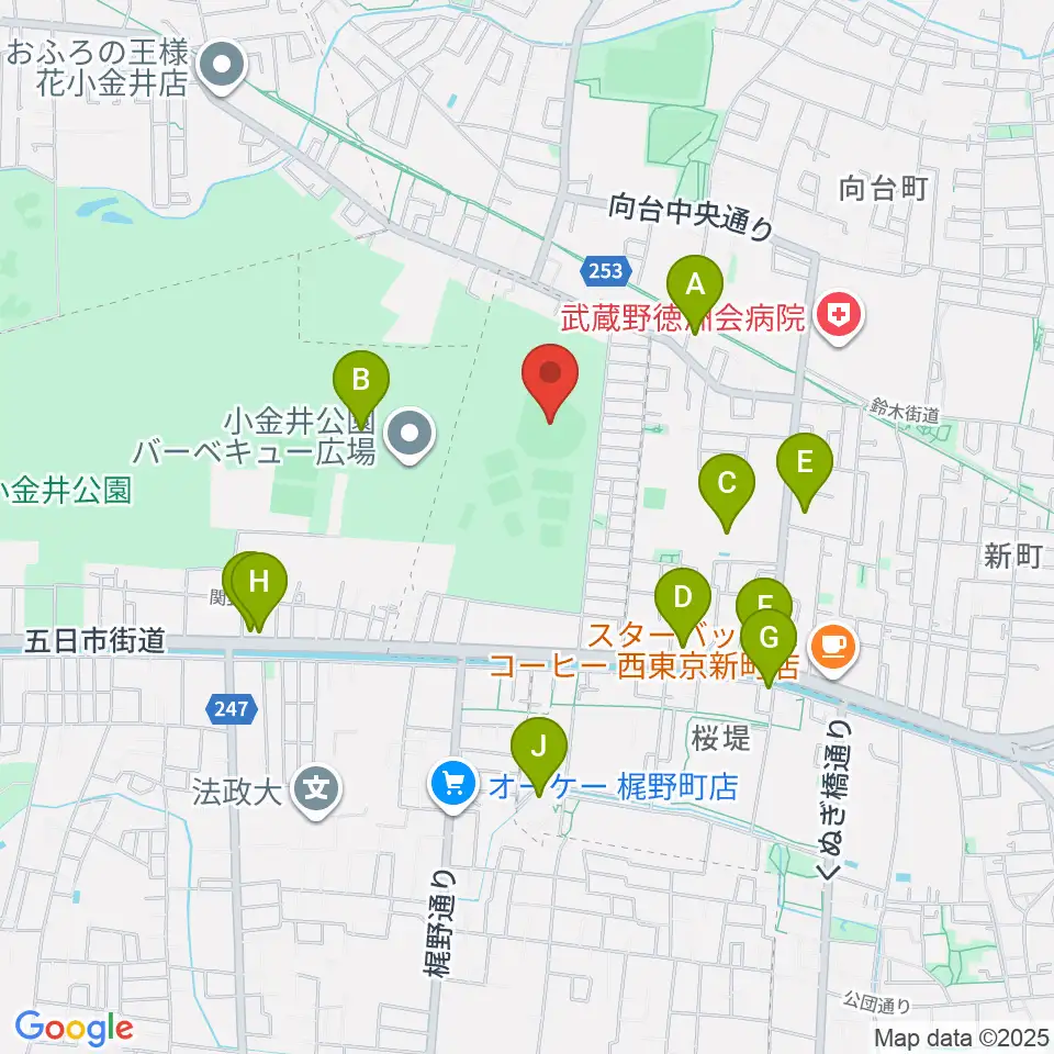 小金井公園野球場周辺のファミレス・ファーストフード一覧地図