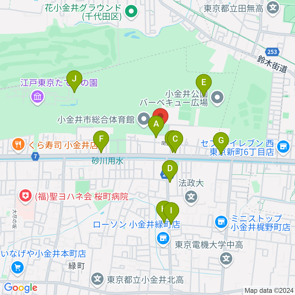 小金井公園弓道場周辺のファミレス・ファーストフード一覧地図