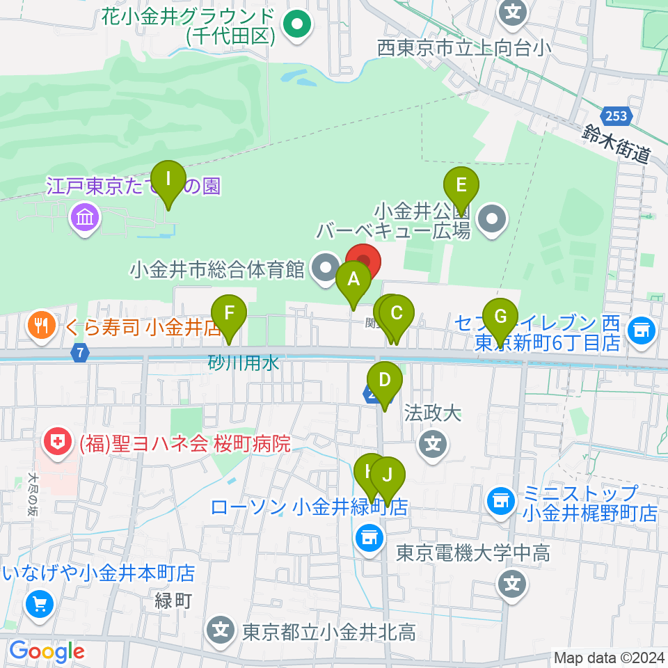 小金井公園弓道場周辺のファミレス・ファーストフード一覧地図