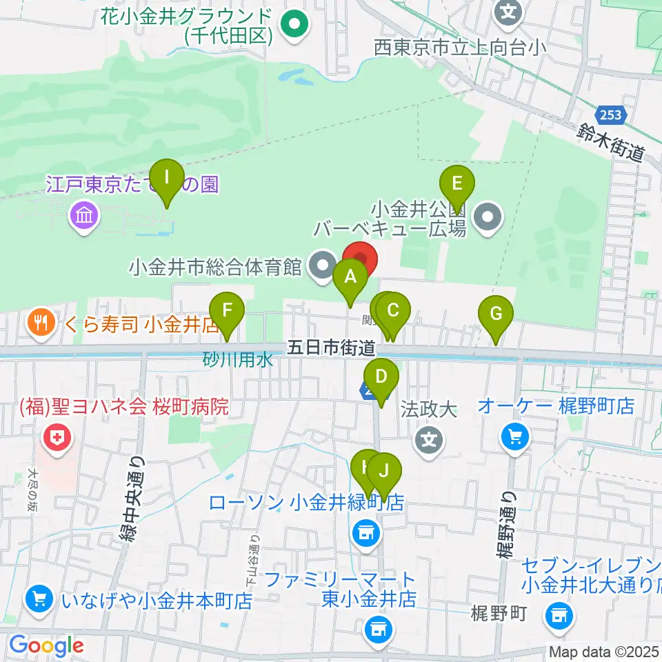 小金井公園弓道場周辺のファミレス・ファーストフード一覧地図