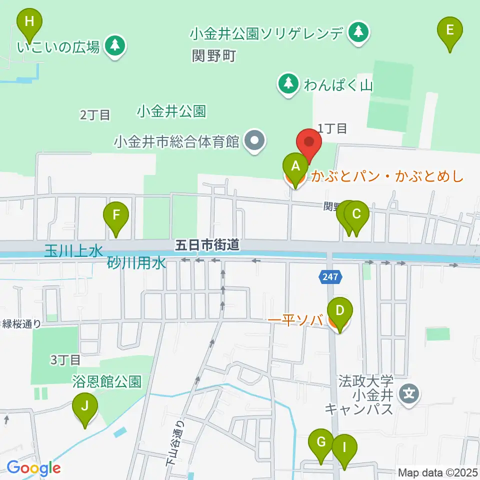 小金井公園弓道場周辺のファミレス・ファーストフード一覧地図