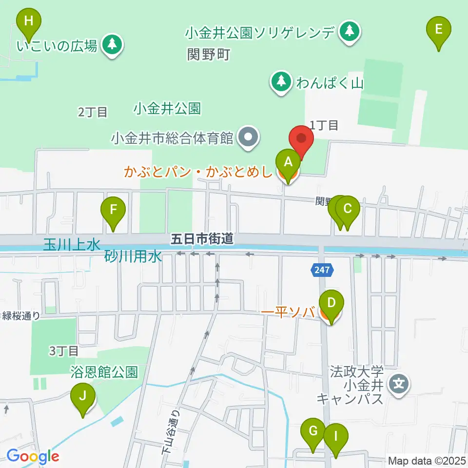 小金井公園弓道場周辺のファミレス・ファーストフード一覧地図