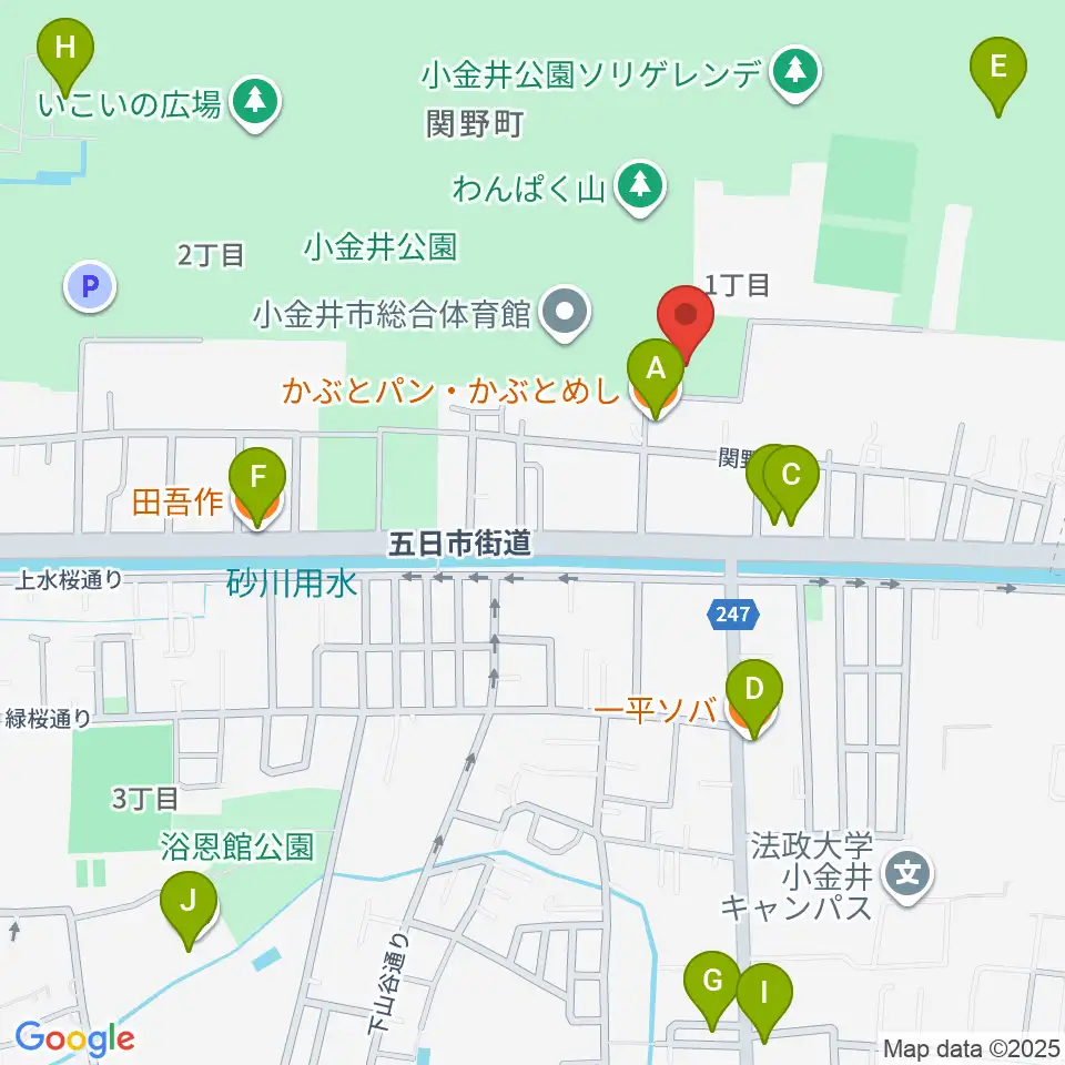 小金井公園弓道場周辺のファミレス・ファーストフード一覧地図