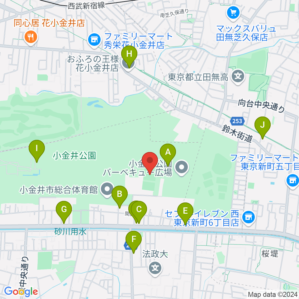 小金井公園多目的運動広場周辺のファミレス・ファーストフード一覧地図