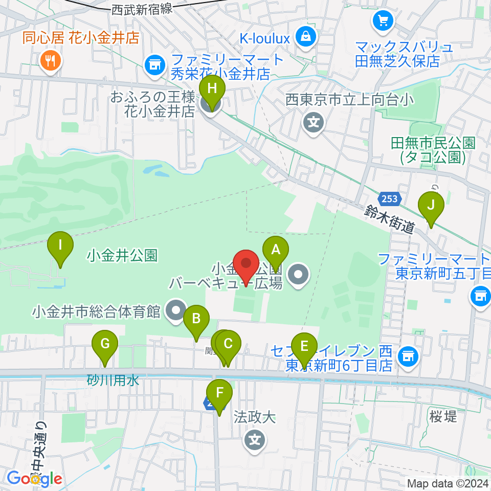 小金井公園多目的運動広場周辺のファミレス・ファーストフード一覧地図