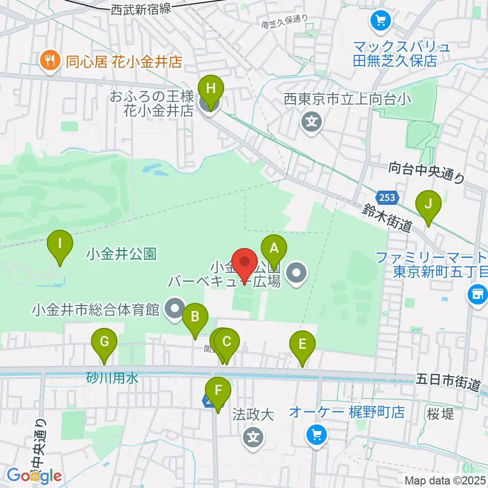 小金井公園多目的運動広場周辺のファミレス・ファーストフード一覧地図