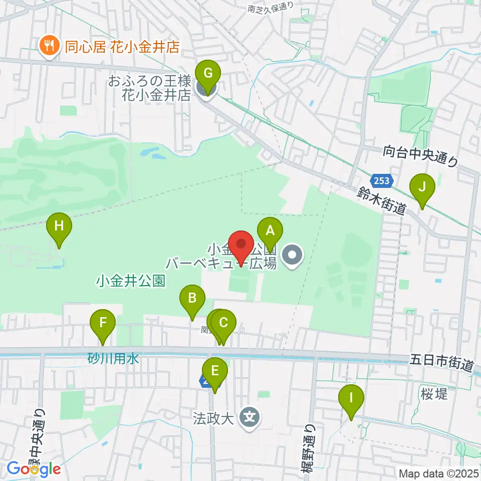 小金井公園多目的運動広場周辺のファミレス・ファーストフード一覧地図