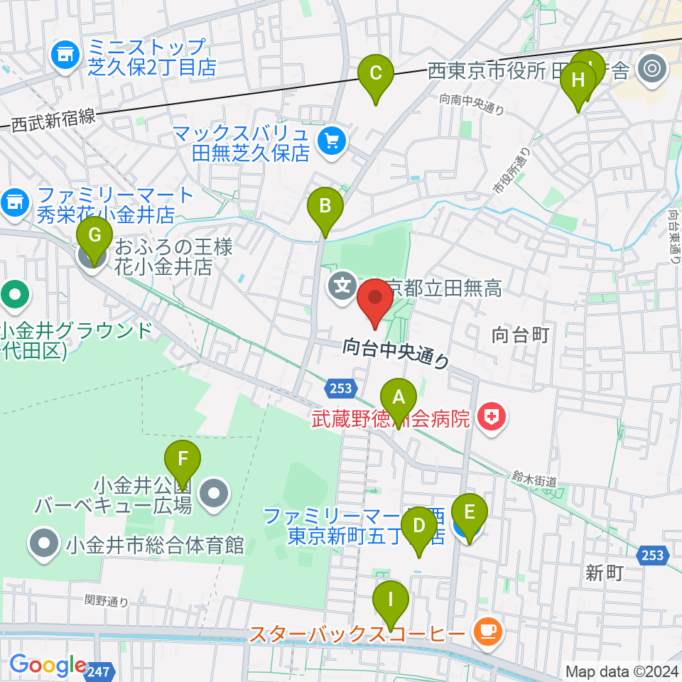 西東京市総合体育館周辺のファミレス・ファーストフード一覧地図