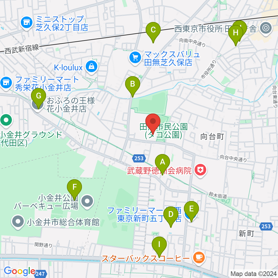 西東京市総合体育館周辺のファミレス・ファーストフード一覧地図