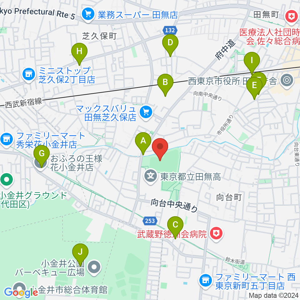 西東京市向台運動場周辺のファミレス・ファーストフード一覧地図