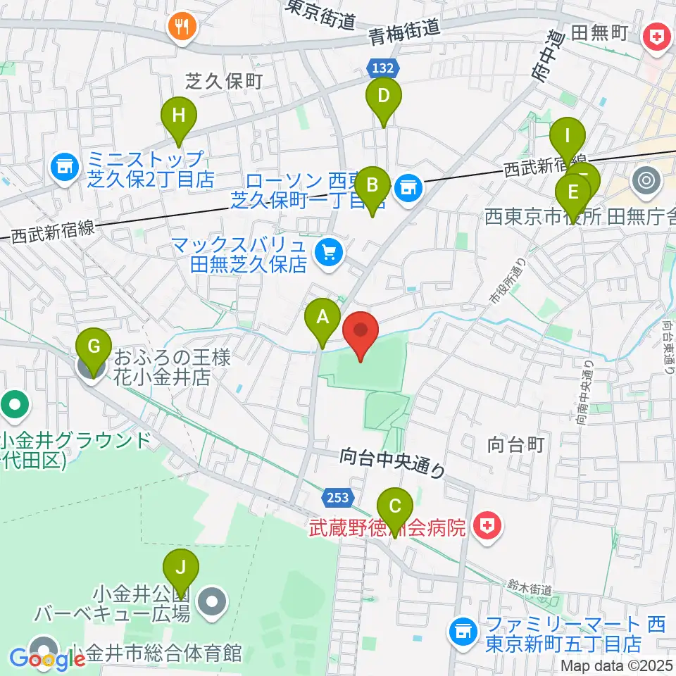 西東京市向台運動場周辺のファミレス・ファーストフード一覧地図