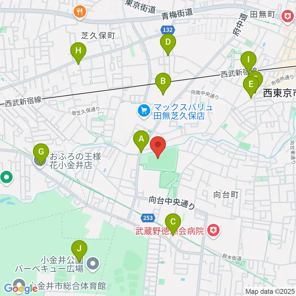 西東京市向台運動場周辺のファミレス・ファーストフード一覧地図
