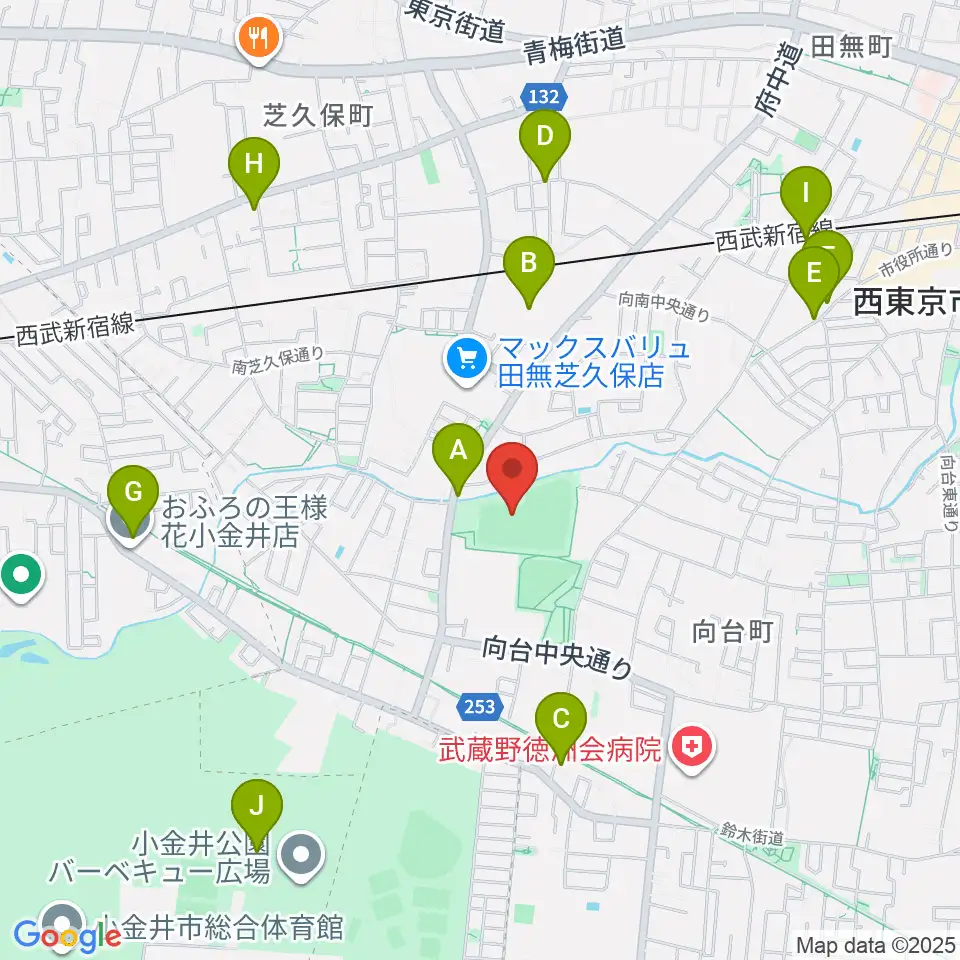 西東京市向台運動場周辺のファミレス・ファーストフード一覧地図