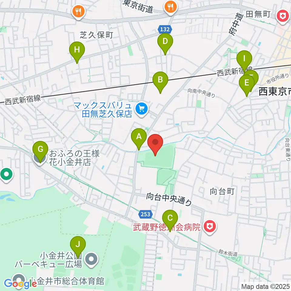西東京市向台運動場周辺のファミレス・ファーストフード一覧地図