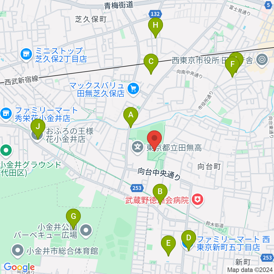 西東京市市民公園グラウンド周辺のファミレス・ファーストフード一覧地図