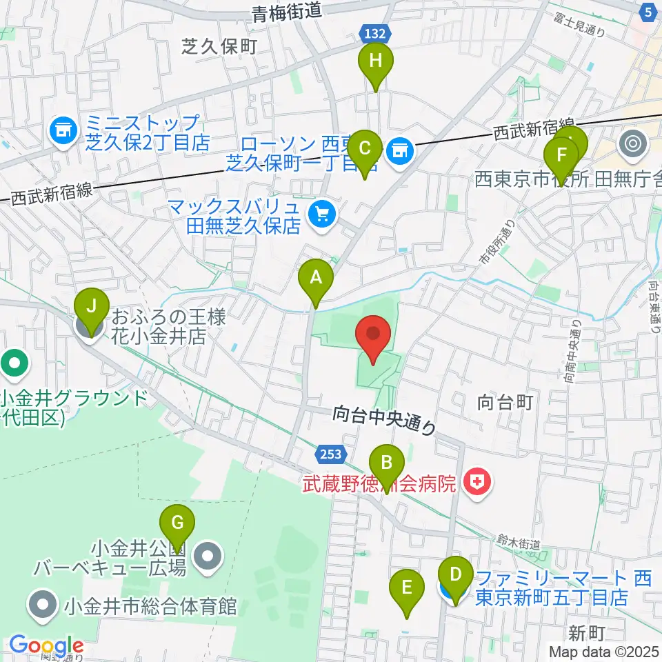 西東京市市民公園グラウンド周辺のファミレス・ファーストフード一覧地図