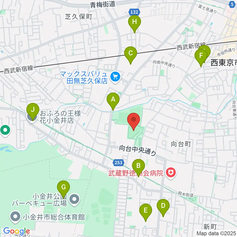 西東京市市民公園グラウンド周辺のファミレス・ファーストフード一覧地図