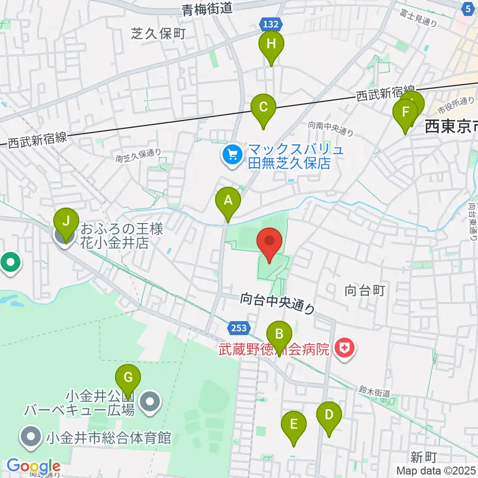 西東京市市民公園グラウンド周辺のファミレス・ファーストフード一覧地図
