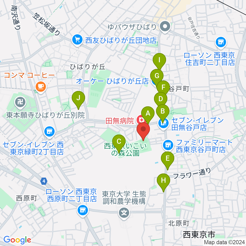 西東京いこいの森公園ボール広場周辺のファミレス・ファーストフード一覧地図