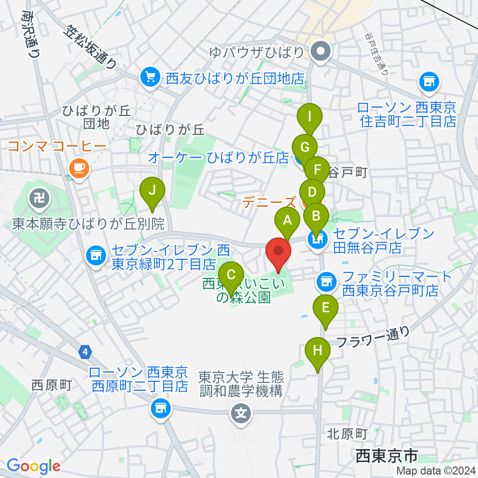 西東京いこいの森公園ボール広場周辺のファミレス・ファーストフード一覧地図