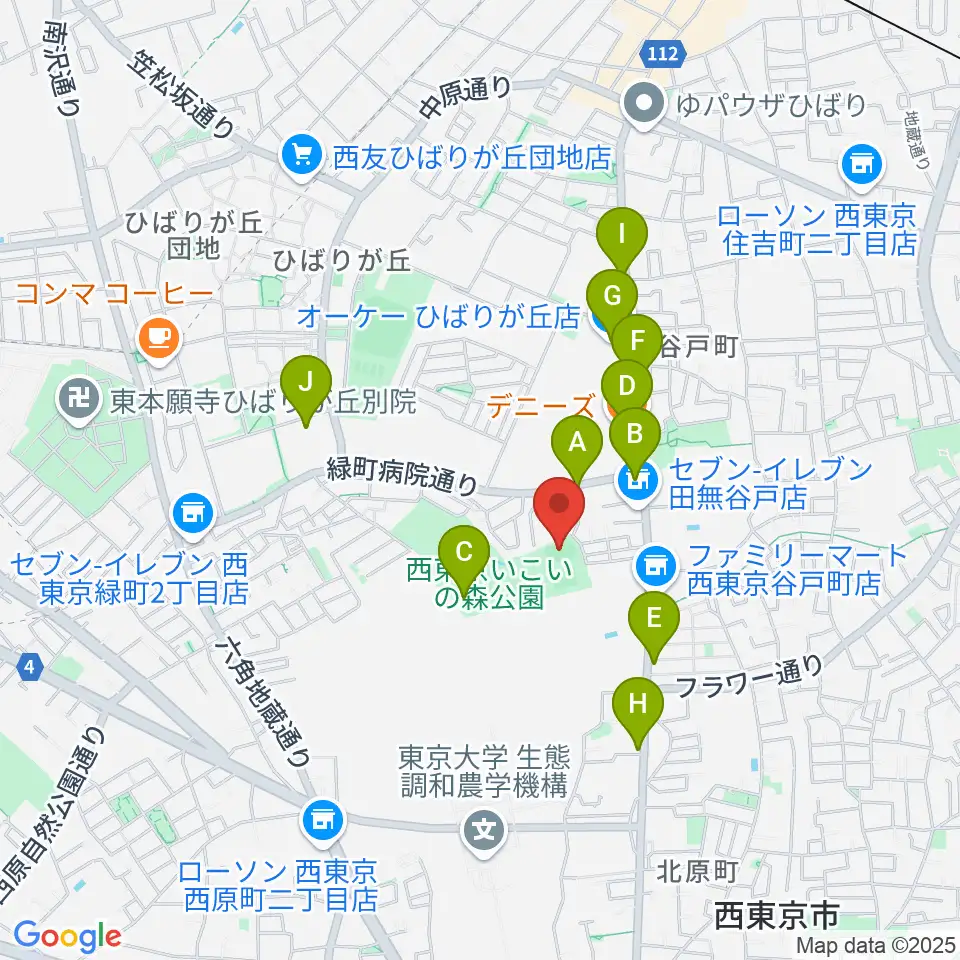 西東京いこいの森公園ボール広場周辺のファミレス・ファーストフード一覧地図