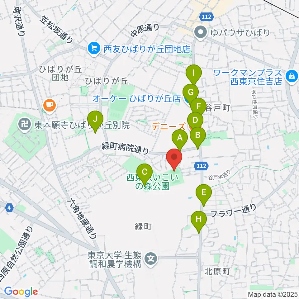 西東京いこいの森公園ボール広場周辺のファミレス・ファーストフード一覧地図