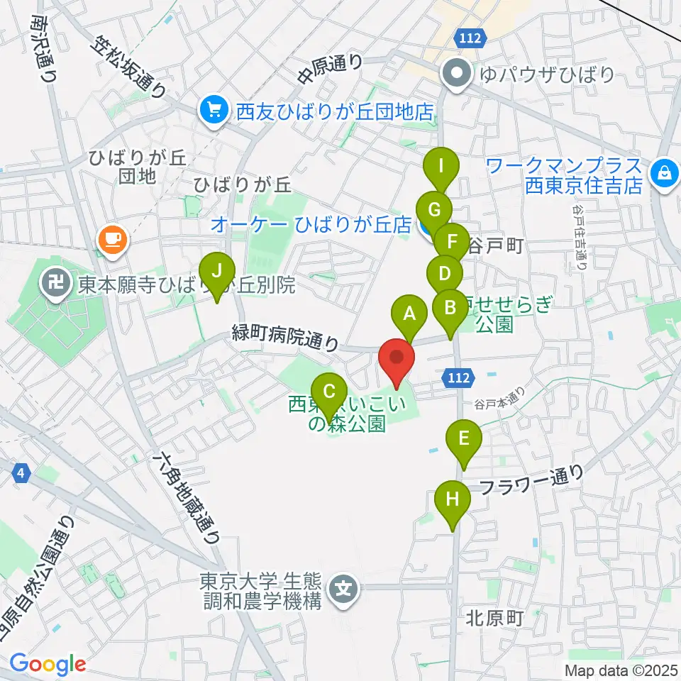 西東京いこいの森公園ボール広場周辺のファミレス・ファーストフード一覧地図