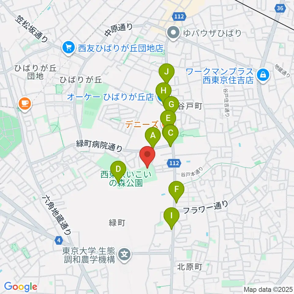 西東京いこいの森公園ボール広場周辺のファミレス・ファーストフード一覧地図