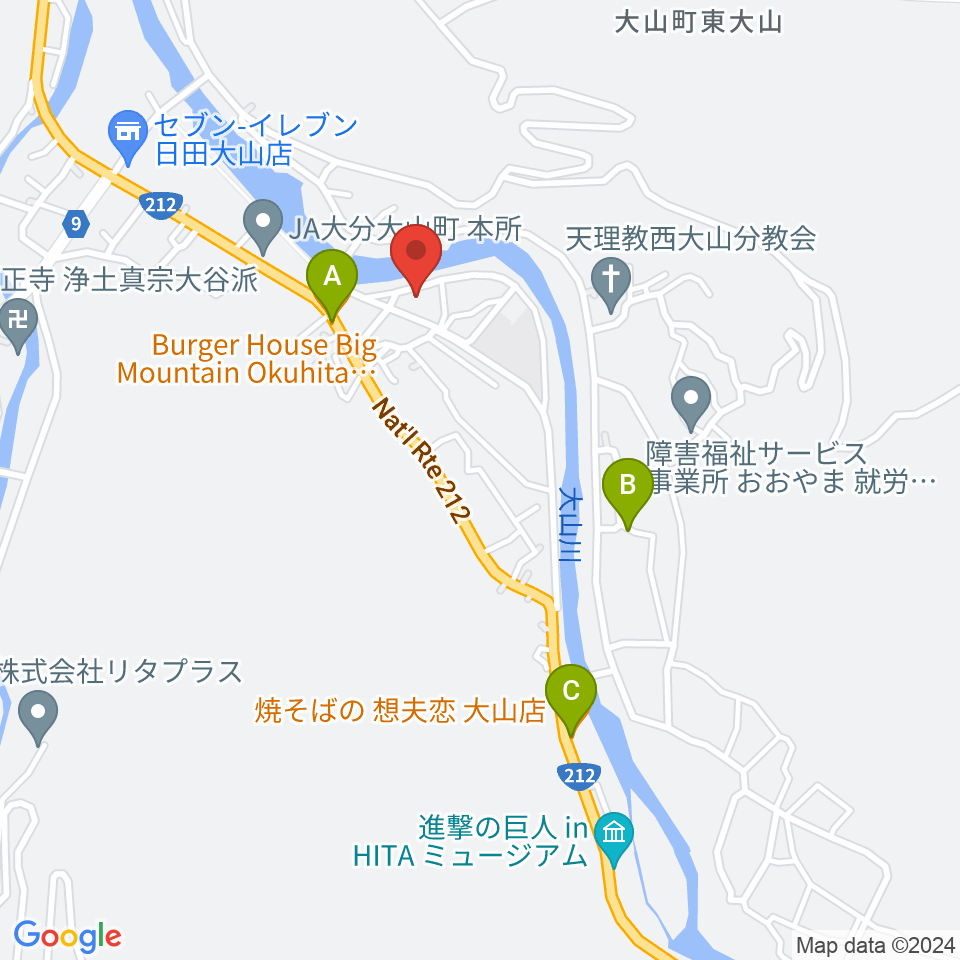 日田市大山文化センター周辺のファミレス・ファーストフード一覧地図