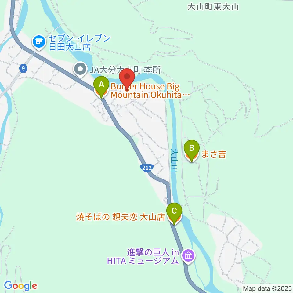 日田市大山文化センター周辺のファミレス・ファーストフード一覧地図