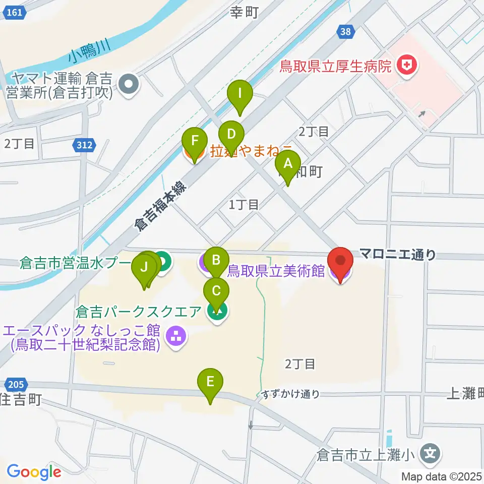 鳥取県立美術館周辺のファミレス・ファーストフード一覧地図