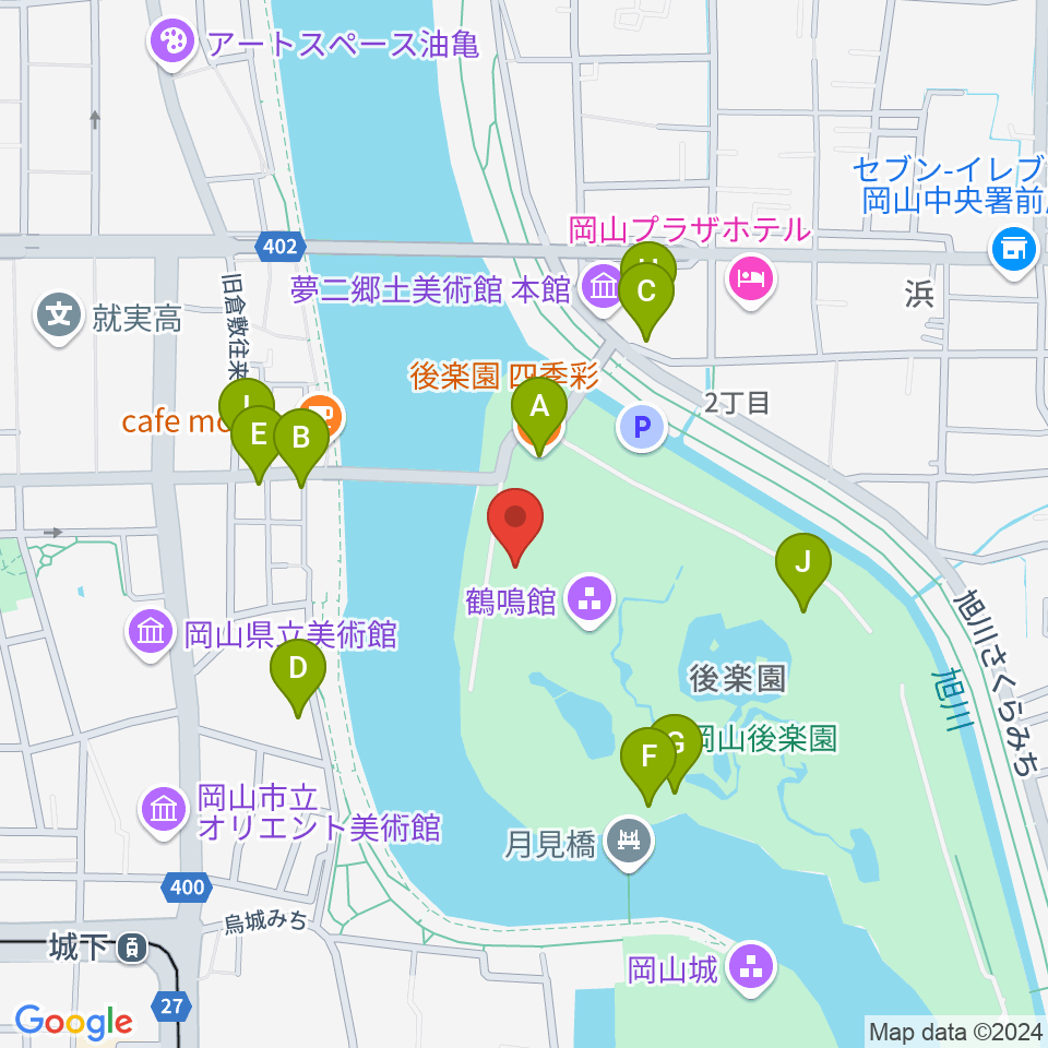 岡山県立博物館周辺のファミレス・ファーストフード一覧地図