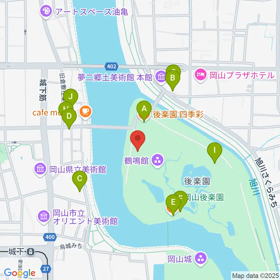 岡山県立博物館周辺のファミレス・ファーストフード一覧地図