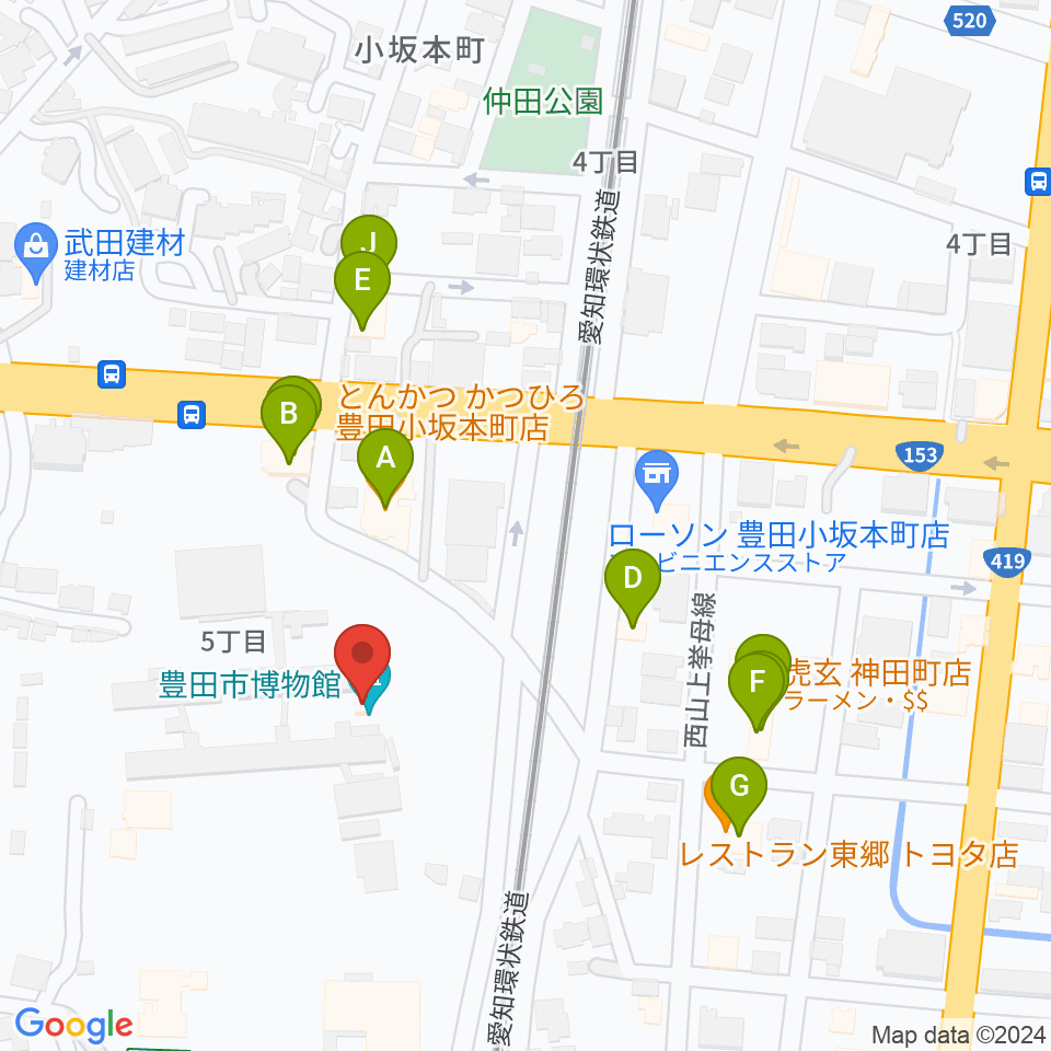 豊田市博物館周辺のファミレス・ファーストフード一覧地図