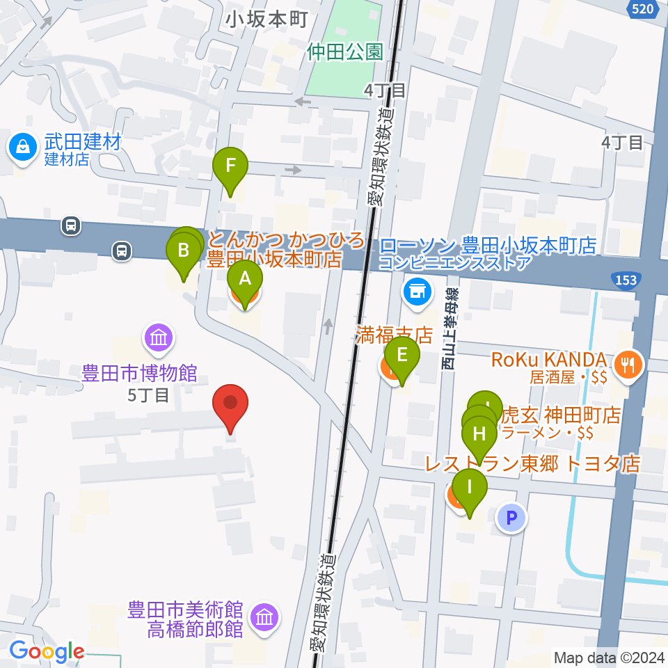 豊田市博物館周辺のファミレス・ファーストフード一覧地図