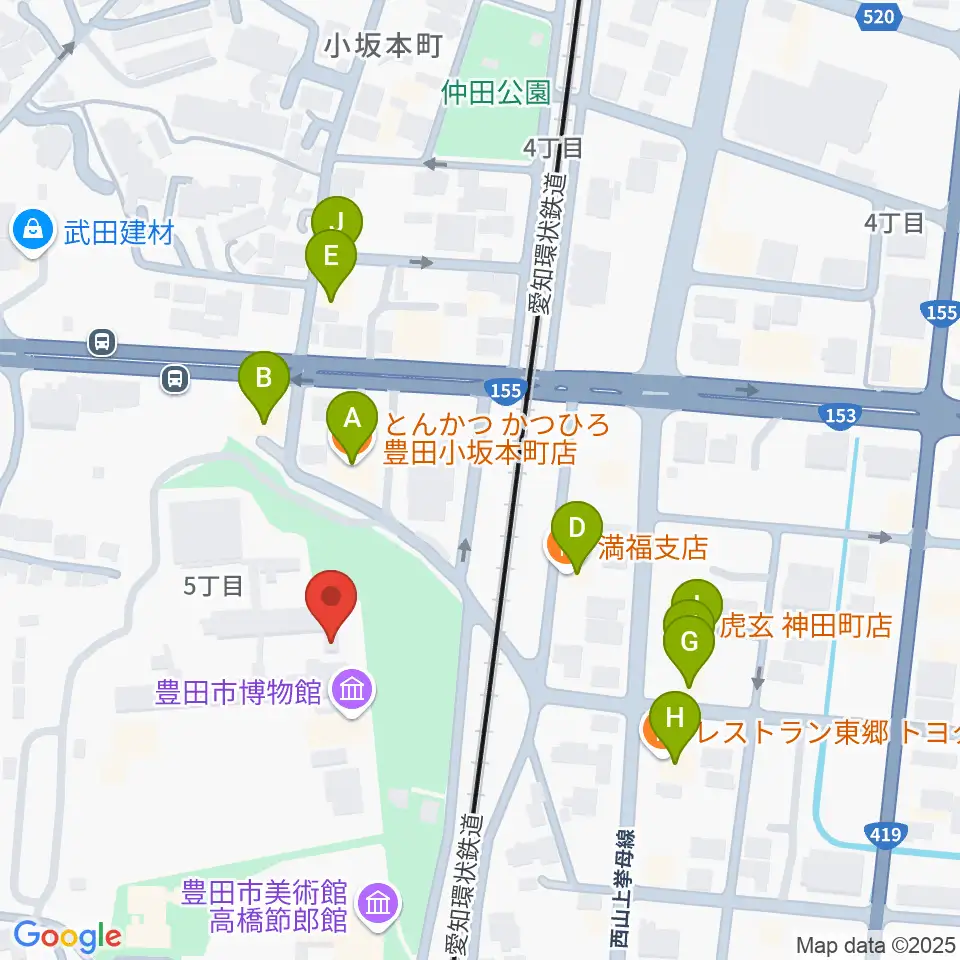 豊田市博物館周辺のファミレス・ファーストフード一覧地図