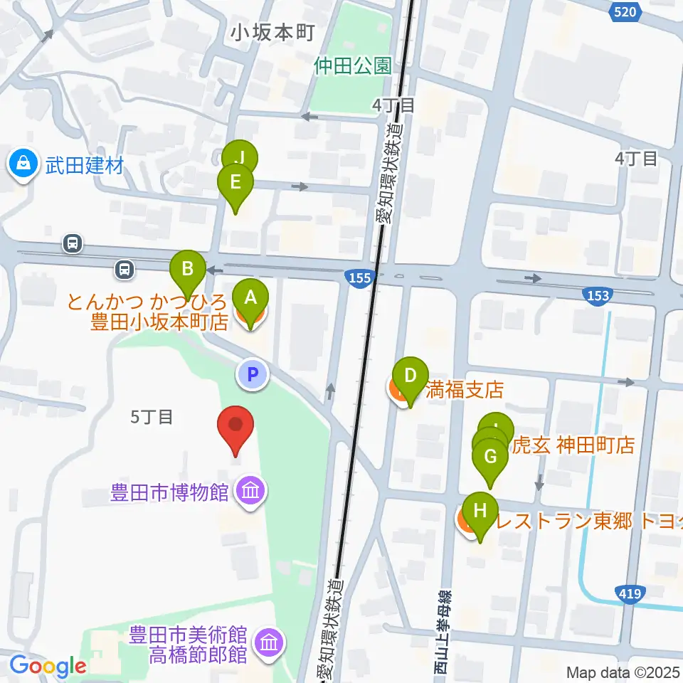 豊田市博物館周辺のファミレス・ファーストフード一覧地図