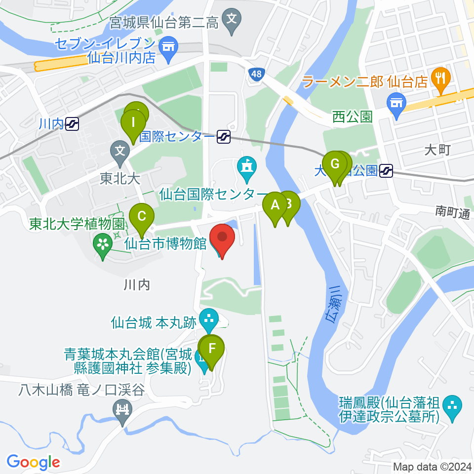 仙台市博物館周辺のファミレス・ファーストフード一覧地図