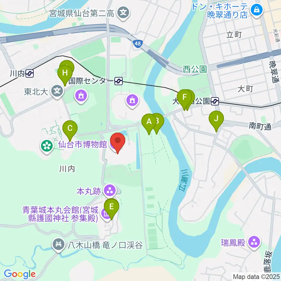 仙台市博物館周辺のファミレス・ファーストフード一覧地図