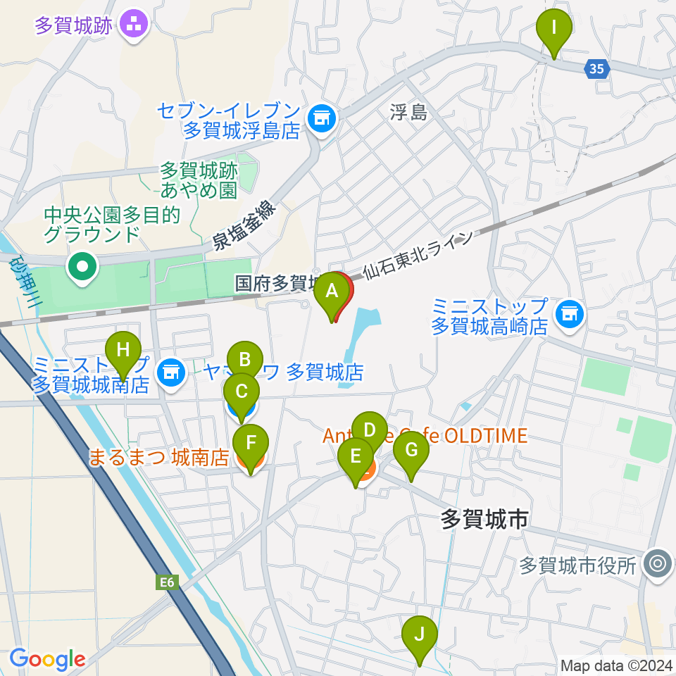 東北歴史博物館周辺のファミレス・ファーストフード一覧地図