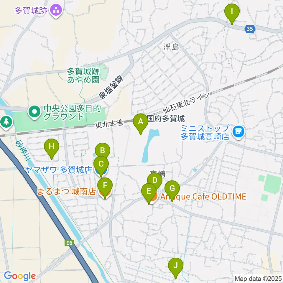 東北歴史博物館周辺のファミレス・ファーストフード一覧地図