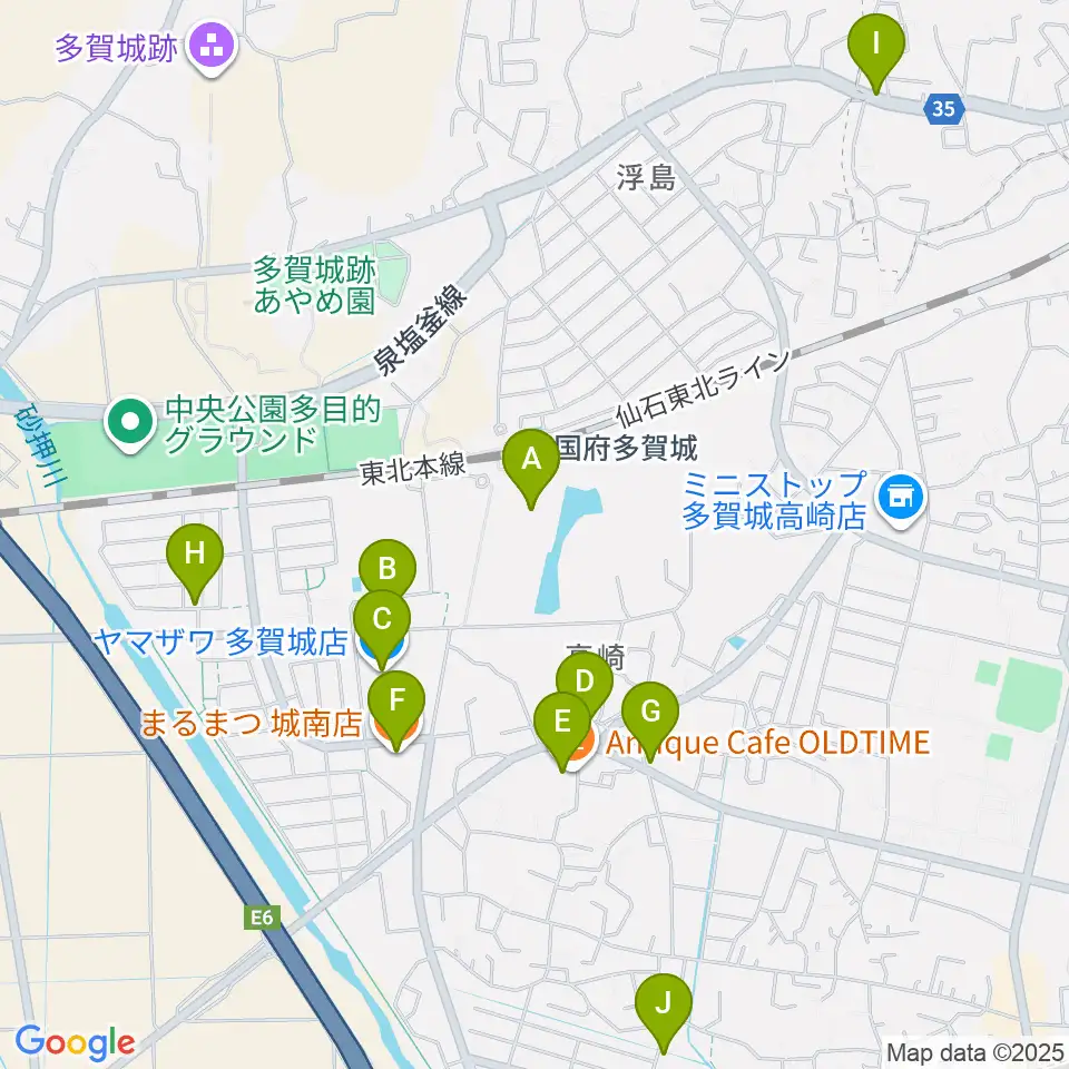 東北歴史博物館周辺のファミレス・ファーストフード一覧地図